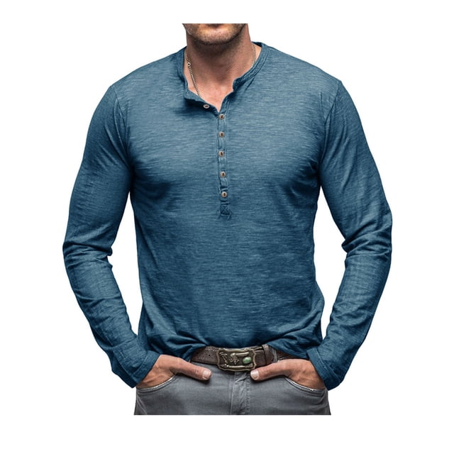 SUNSIOM Men's Spring Autumn Casual T-shirt Solid Color Long Sleeve Crewneck Button Up Tops