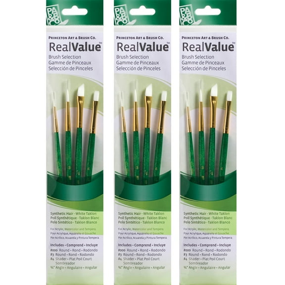 Princeton RealValue Brush Set, White Taklon Bristles, Short Handle Mixed Media Paintbrush, Green, 4 Per Set, 3 Sets