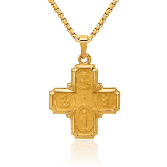 14K Solid Yellow Gold Four Way Holy Cross Religious Medal Necklace Christian Pendant Scapular Charm