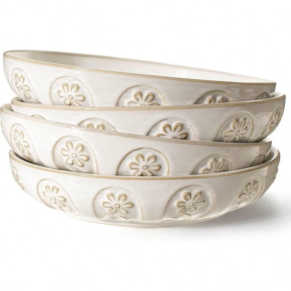 Pasta Bowls 50oz Large Salad Serving Bowls 9.75'' Plates Bowls Set of 4 Big White Ceramic Soup Bowls for Kitchen Emment Shallow Dinner Bowl Microwave Dishwasher Safe Pinwheel Flower