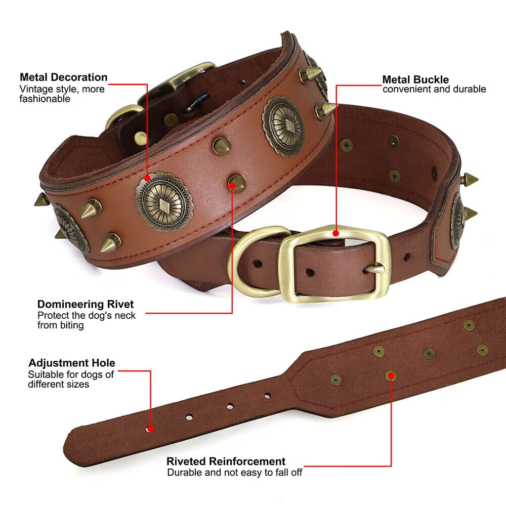 Didog 2" Wide Spiked Studded Genuine Leather Dog Collars Retro Heavy Duty for Medium Large Breeds