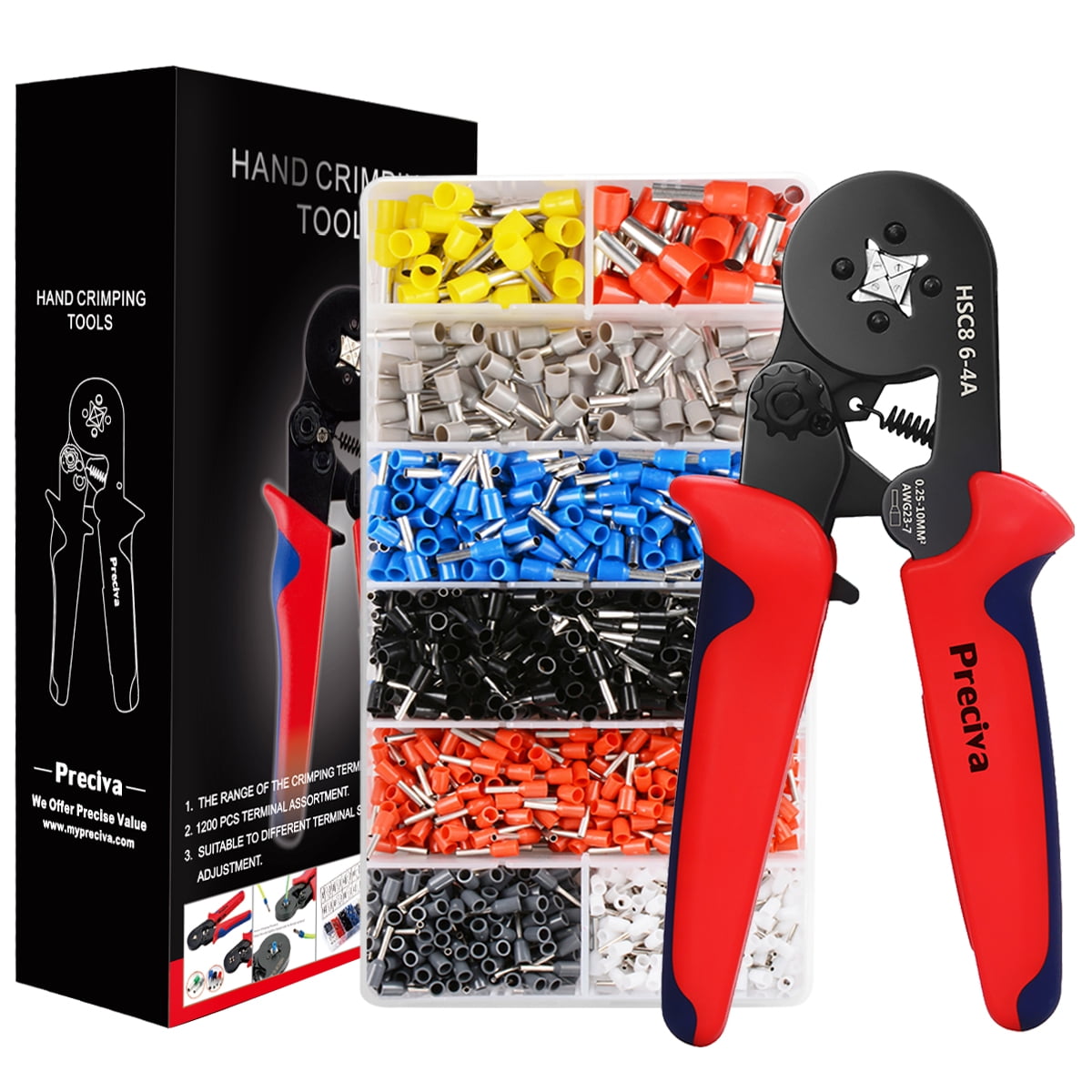 Crimper Plier, Preciva AWG23-7 Self-adjustable Ratchat Wire Crimping Tool with 1200 Wire Terminal Crimp Connectors and Wire End Ferrules