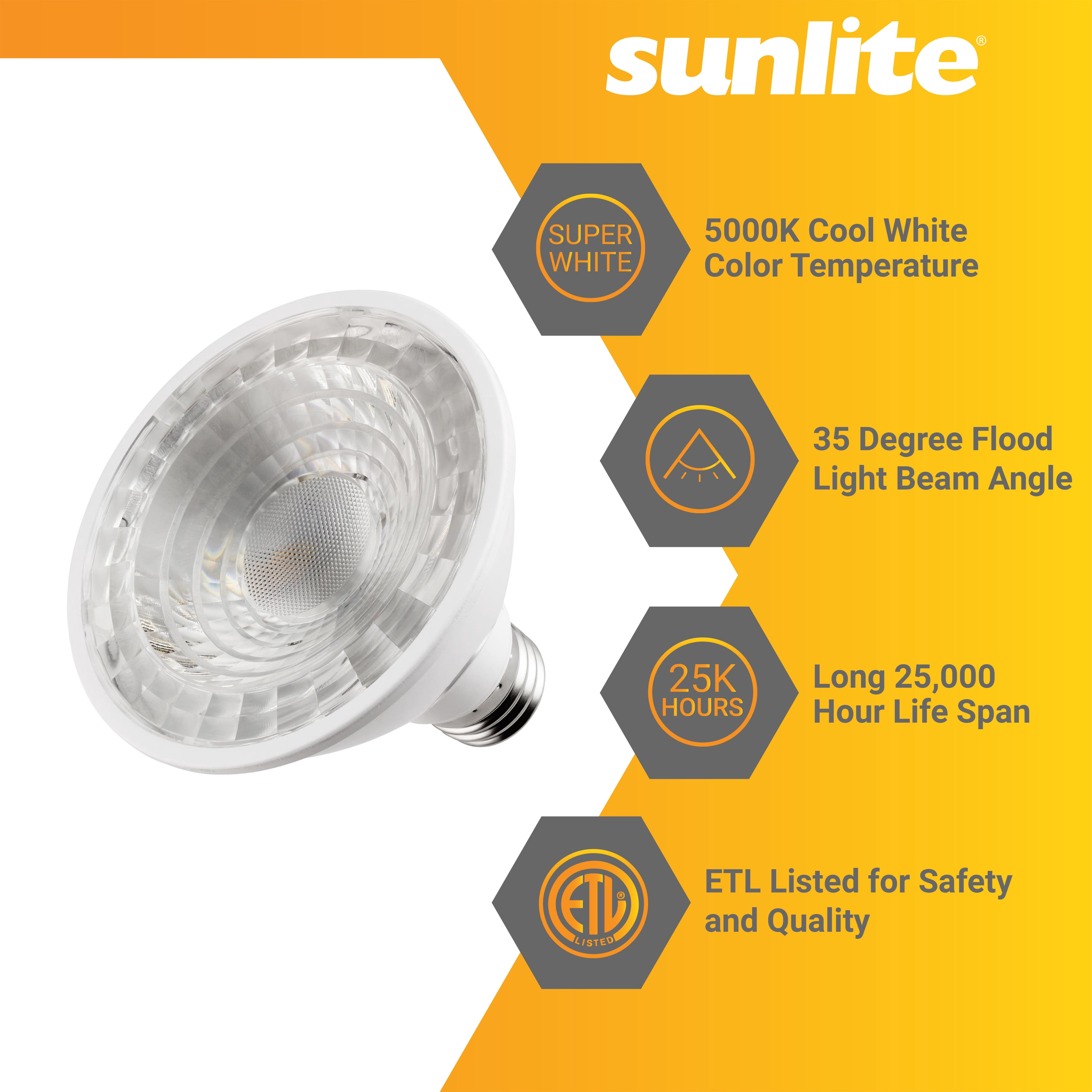 Sunlite LED PAR30 Short Neck Flood Light Bulb, 9 Watts, (75W Equivalent), 850 Lumens, Medium Screw (E26) Base, Dimmable, ETL Listed, 5000K Daylight, 6 Count