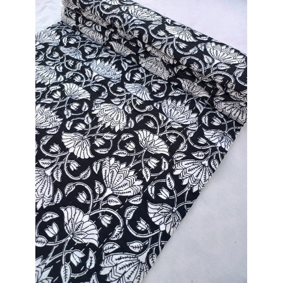 A And E Textiles House Premium White Hand block Print Floral Kantha Quilt Black & White Kantha, Natural Color Indian inspired Bedding Hand Stitched Black Quilted