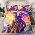 thumbnail image 2 of Manfei Purple Dragon Twin Sheet Sets,Western Fantasy Twin Fitted Sheet,Vintage Brown Castle Flat Sheet For Boys,Super Cozy Room Decor,3 Pieces, 2 of 7