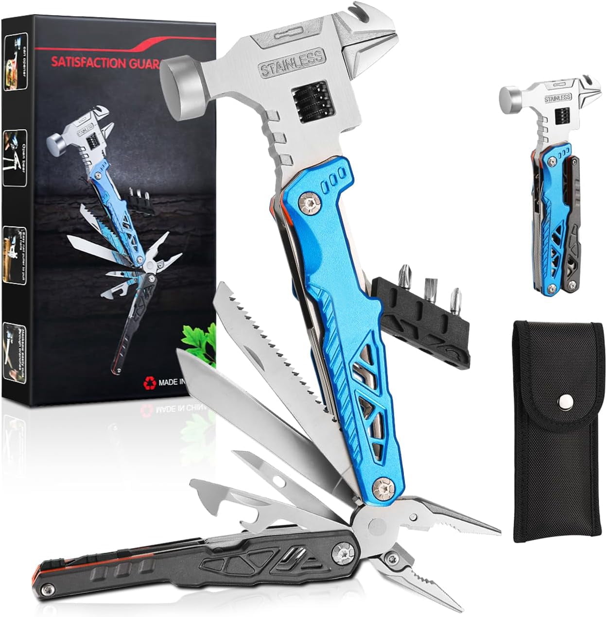 SINKOO 18-in-1 Camping Multitool Accessories Gifts for Men Dad, Upgraded Multi Tool Survival Gear with Hammer Pliers Saw Screwdrivers Bottle Opener Whistle And Portable Sheath For Hiking(Blue)