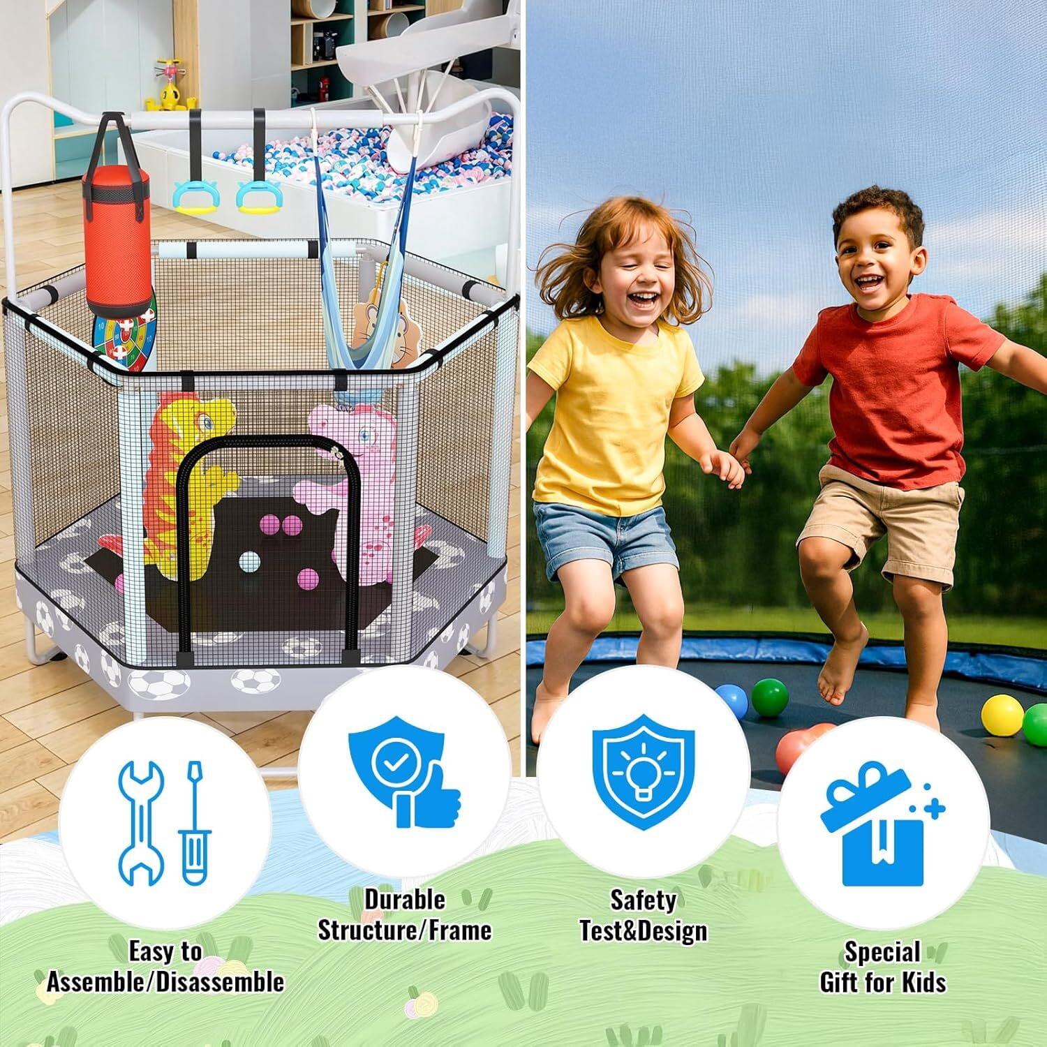 MOOSENG 7-in-1 Kids Trampoline with Safety Enclosure Net, 55" Hexagonal Indoor Outdoor Toddler Trampoline for Ages 1-8, Adjustable Handrail, Basketball Hoop, Gymnastic Rings