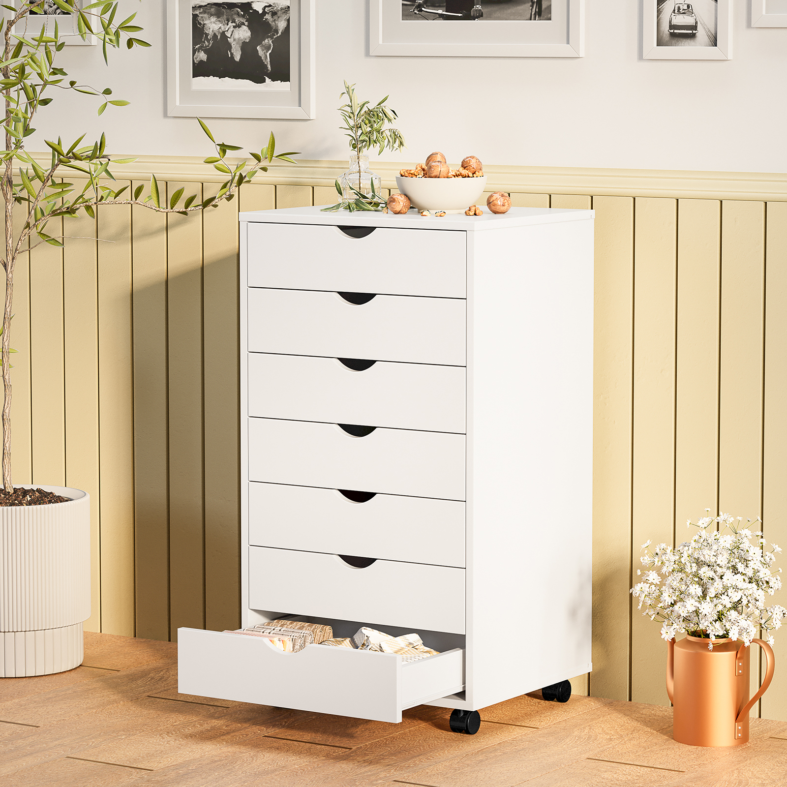 MCQ 7-Drawer Mobile File Cabinet Wooden Storage Chest with Wheels for Home Office Organize, Black