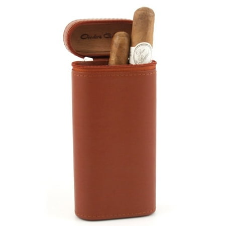 Andre Garcia Cognac Brown Italian Leather Cedar-Lined Zippered 3 Finger Cigar Case
