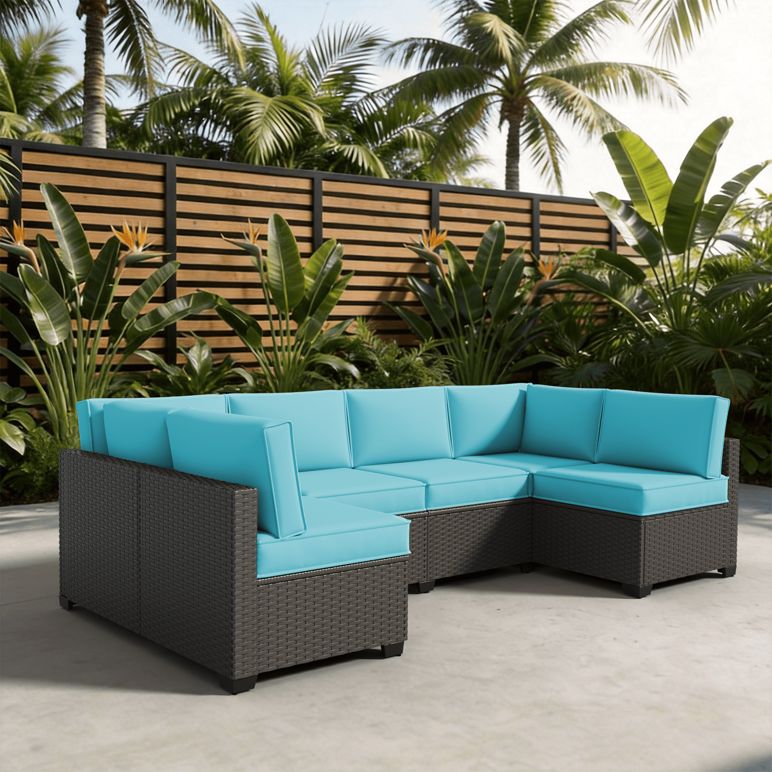 BaPiPro 6-Person Sky Blue Outdoor Sectional Sofa Cushions, Waterproof Polyester Patio Cushions with High-Density Sponge & Side Pillows, No Assembly for Backyard, Porch, Deck & Poolside