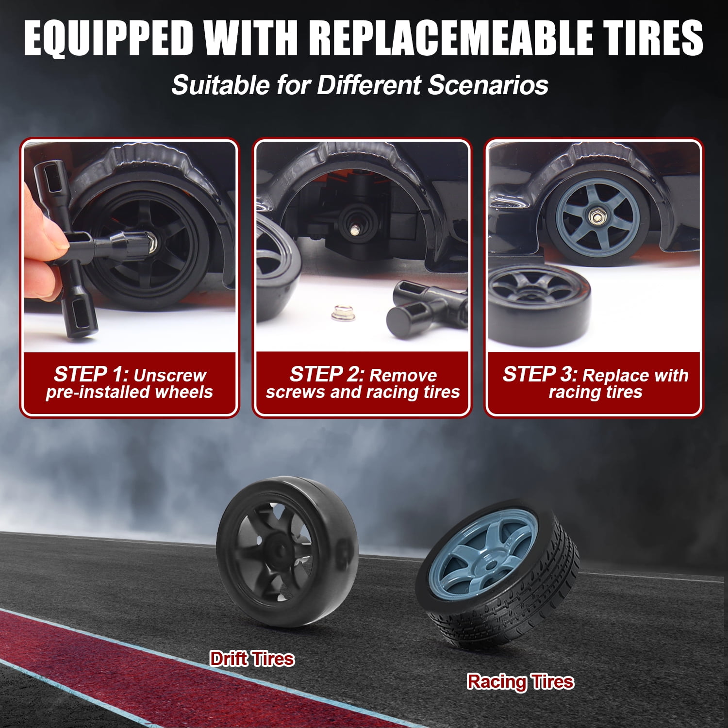 1:16 Scale Remote Control Car RC Drift Car, 4WD 18KM/H High Speed Model Vehicle with LED Lights Spray Rubber Tire Racing Sport Toy Car