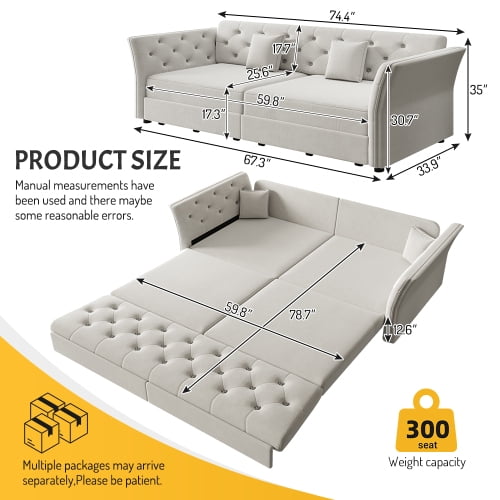 100" Oversize Velvet Pull Out Sofa Bed, Convertible Sleeper Loveseat with Handmade Flower Tufted Design, Multi-Functional Sofa Couch for Living Room & Bedroom, Light Grey