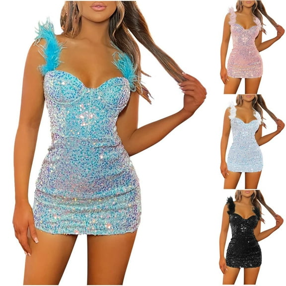 Elainilye Fashion Party Dresses for Women 2024 Sequins Sleeveless Camisole Dress Formal Dresses Date Night Dress,Blue