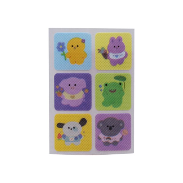 pegatinas de mosquitos de 36 piezas, adecuadas para niños y adultos, viajes al aire libre e interiores, pegatinas de mosquitos con ingredientes de plantas naturales wmkox3543yii hfskjfh3536 panel muestra de seis stickers cuadrados con dibujos infantiles: vista frontal centrada de una hoja con seis pegatinas en dos columnas y tres filas; fondos pastel (azul, amarillo, morado, verde) y personajes de animales caricatura (pajarito, conejito, elefante, rana, perrito, koala) con textura punteada, diseñadas como pegatinas repelentes y aptas para adherir a ropa o superficies durante actividades al aire libre según la descripción del producto. También suelen usarse como decoración infantil.