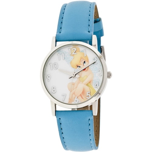 Disney Women's Tinkerbell Blue Glitter Watch, SimulatedLeather Strap