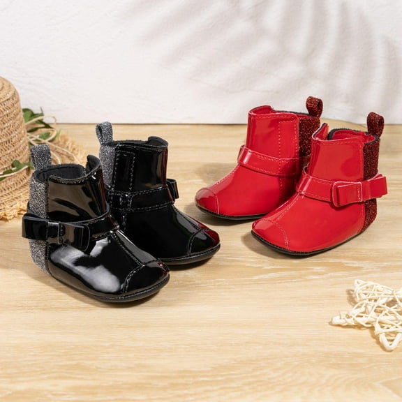 Miluxas Baby Girls Boots Soft Leather Ankle Boots with Bow Infant Booties for Toddler First Walking Shoes Red 12 Months