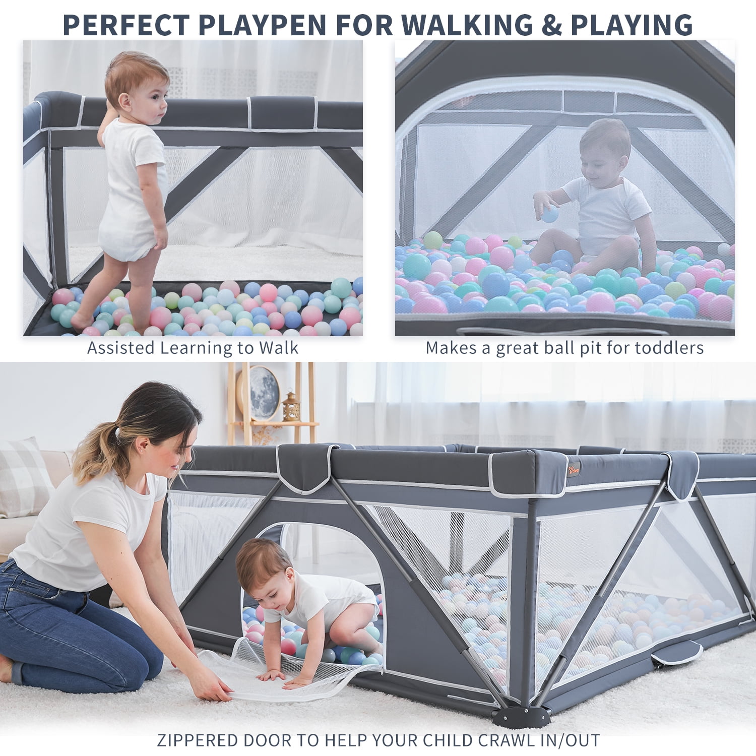 Yobear Baby Playpen, Foldable Playpen for Babies and Toddlers, Indoor & Outdoor Baby Activity Center with Visible Breathable Mesh, Portable Play Yard with 2 Handlers+50 Balls-50”×50”(Black)