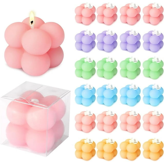 velas aromaticas vela hechas a mano, 24 velas perfumadas de burbujas mini — collage frontal de mini velas en forma de burbuja en colores rosa, lila, verde, azul y amarillo; primer plano de una vela rosa encendida mostrando su silueta cúbica de esferas y una vela rosa en caja transparente, apta para decoración del hogar y regalo para mujer; a menudo usada como adorno de mesa o detalle decorativo en eventos.