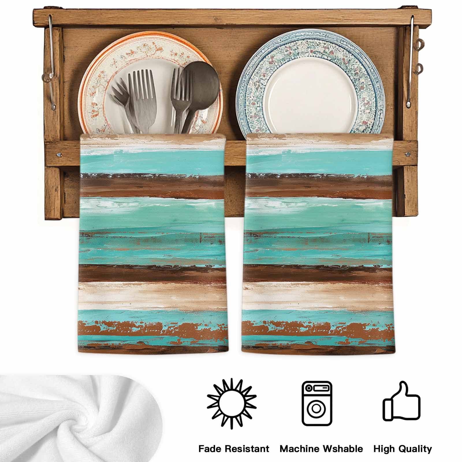 Turquoise Brown Kitchen Towels Set of 3, Watercolor Modern Abstract Striped Absorbent Dish Towels for Kitchen, Microfiber Hand Towel, Quick Drying Tea Towel for Cleaning Decorative Dishcloths