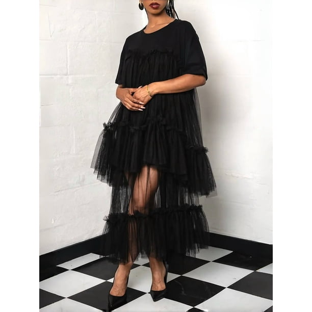oversized tulle dress Long Ruffle Tulle Tee Dress