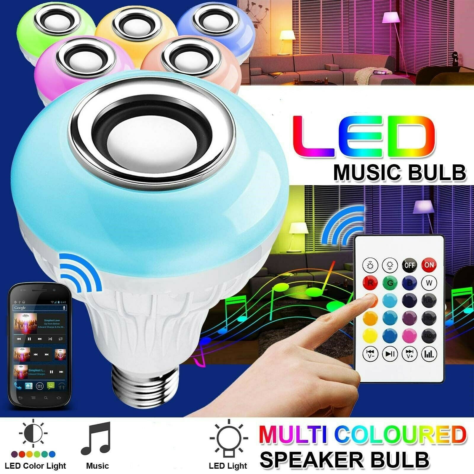 30W B22 RGB LED Wireless Bluetooth Music Play Speaker Light Bulb Lamp Home Decor 