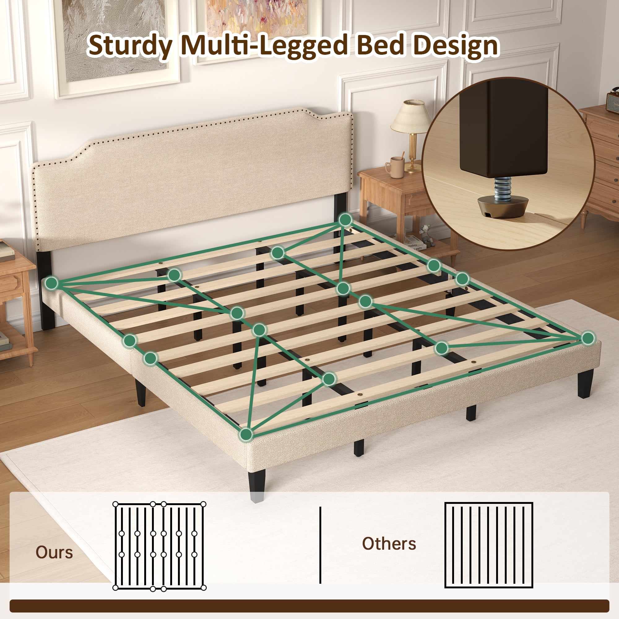 Pingliang Home King Size Bed Frame with Adjustable Headboard, Rivet Decoration Upholstered Headboard, Easy to Assemble, Noise Free,Beige