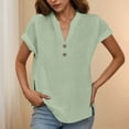 thumbnail image 2 of Olyvenn Womens Gauze Short Sleeve Tops V Neck Collar Button Down Shirts Dressy Casual Business Work Office Blouses Green XL, 2 of 5