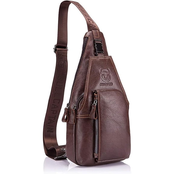 BULLCAPTAIN Leather Sling Crossbody Bag for Men, Magnetic Closure, Brown