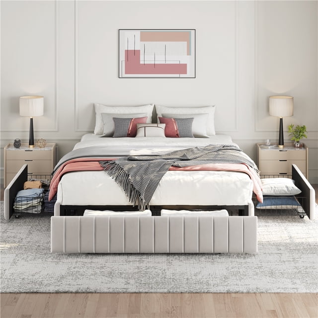 Yaheetech Full Upholstered Platform Bed Frame with 3 Storage Drawers, No Headboard, Beige