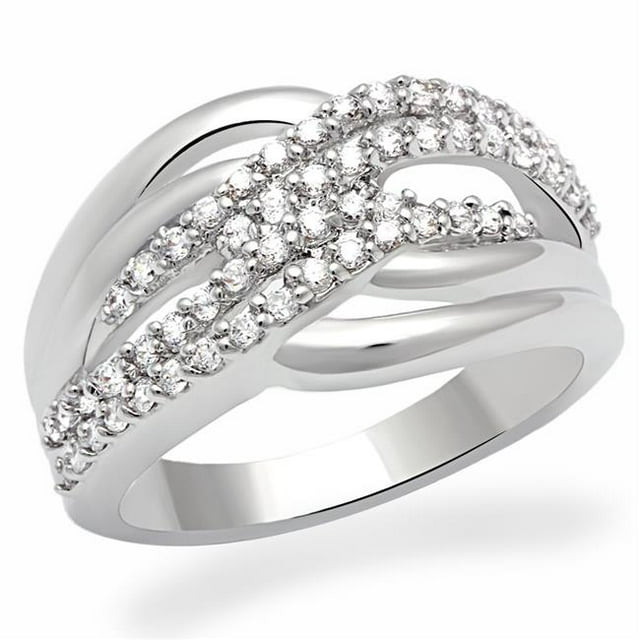 Women Rhodium Brass Ring with AAA Grade CZ in Clear - Size 6