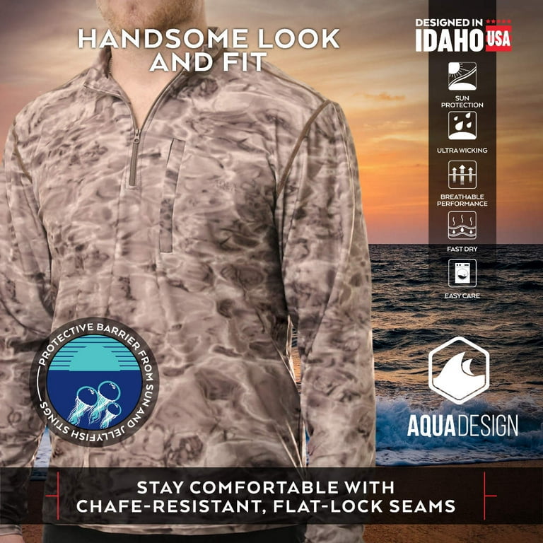 Aqua Design Men's Spear Fishing 1/4 Zip High Collar Long Sleeve Rash Guard  Shirt: Pacific Sand size S 