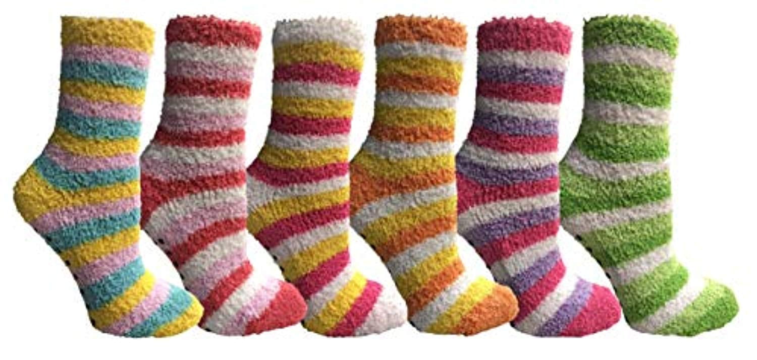 excell Womens Butter Soft Striped Fuzzy Socks With Gripper Bottom (Striped/Gripper Bottom, 911