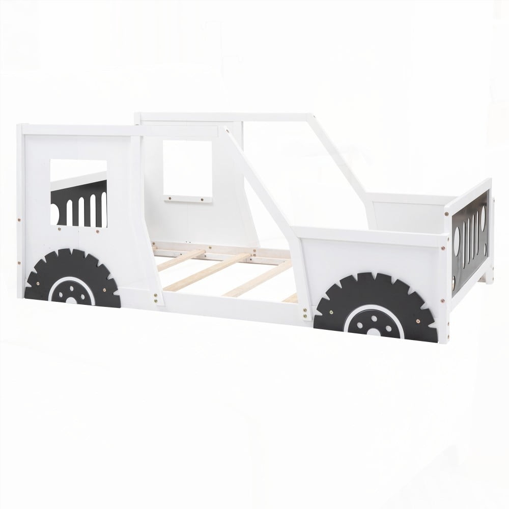 Twin Size | Fun Car Design Bed on Wheels & MDF Frame - White