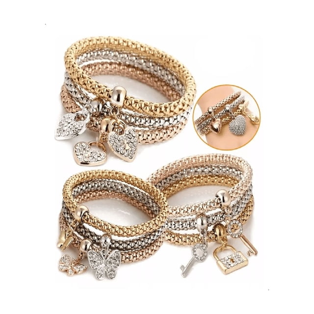 3 Piezas Pulsera Mujer Heart Charm Promoción Set dorado