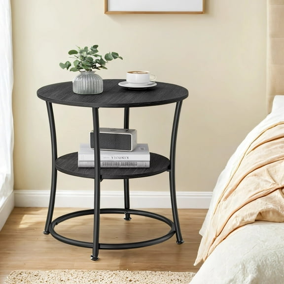 LEDREM Round Side Table with Storage, 2-Tier End Tables for Livingroom Bedroom, Charcoal Gray and Black