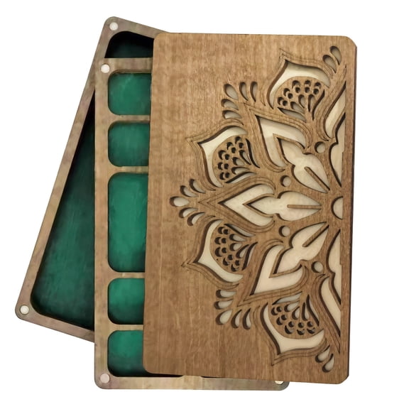 Wooden Bead Storage Organizer – 7"x4"x1" Sorting Tray with Secure Lid, Multi-Size Compartments, Felt Lining & Mandala Carving, Portable Craft Box for Jewelry Making