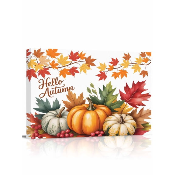 Fall Thanksgiving Canvas Print Wall Art Framed Canvas Art Wall Decor Hello Autumn Orange Pumpkin Maple Leaf Pictures Painting Morden Artwork for Living Room Bedroom, Ready to Hang - 12"x16"