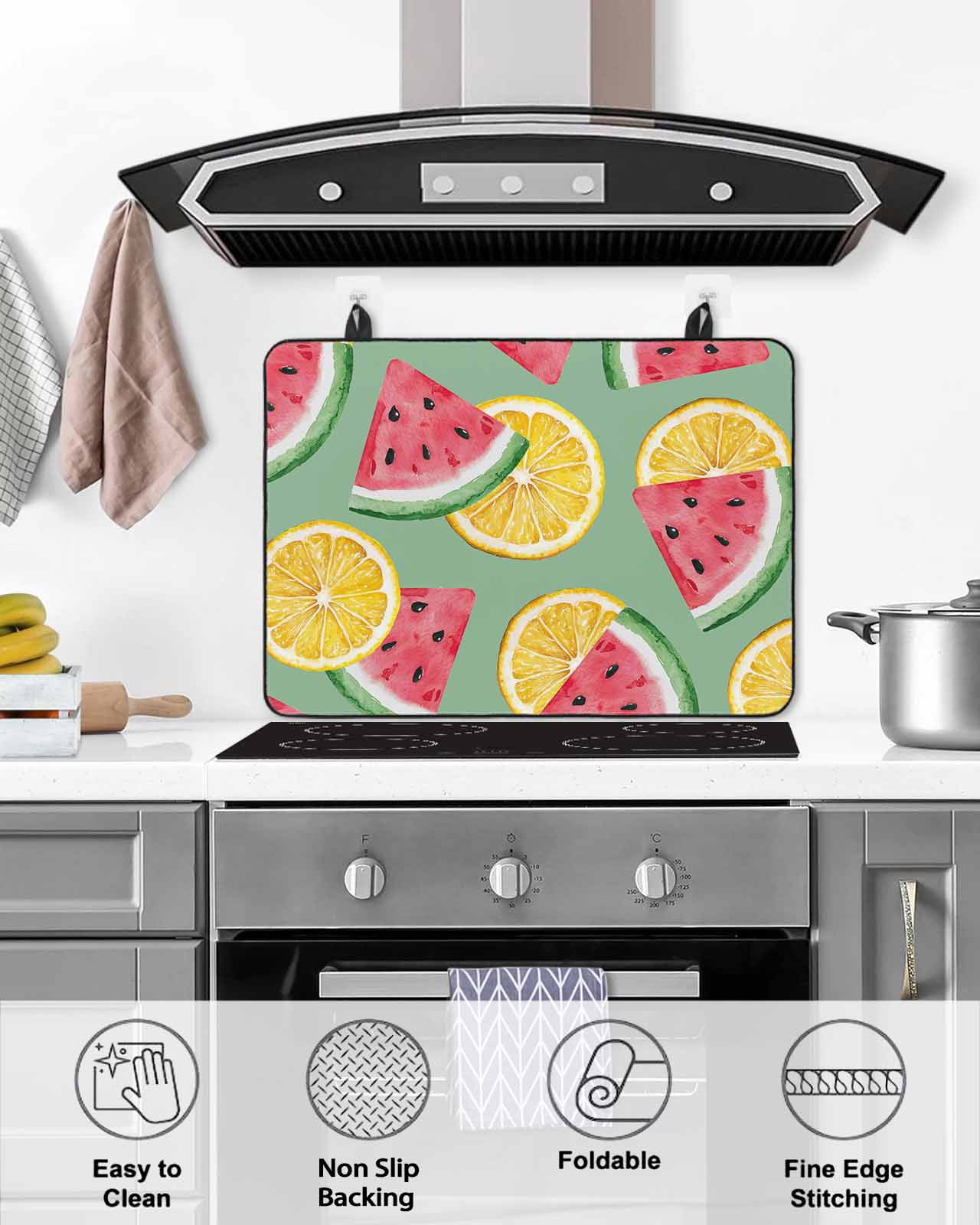 nqOlkjepod Large Induction Cooktop Protector Mat 24"x21", Red Watermelon Stove Top Covers for Electric Stove, Lemon Summer Fruit Country Pastoral Stove Burner Cover Mats, Glass Top Stove Cover