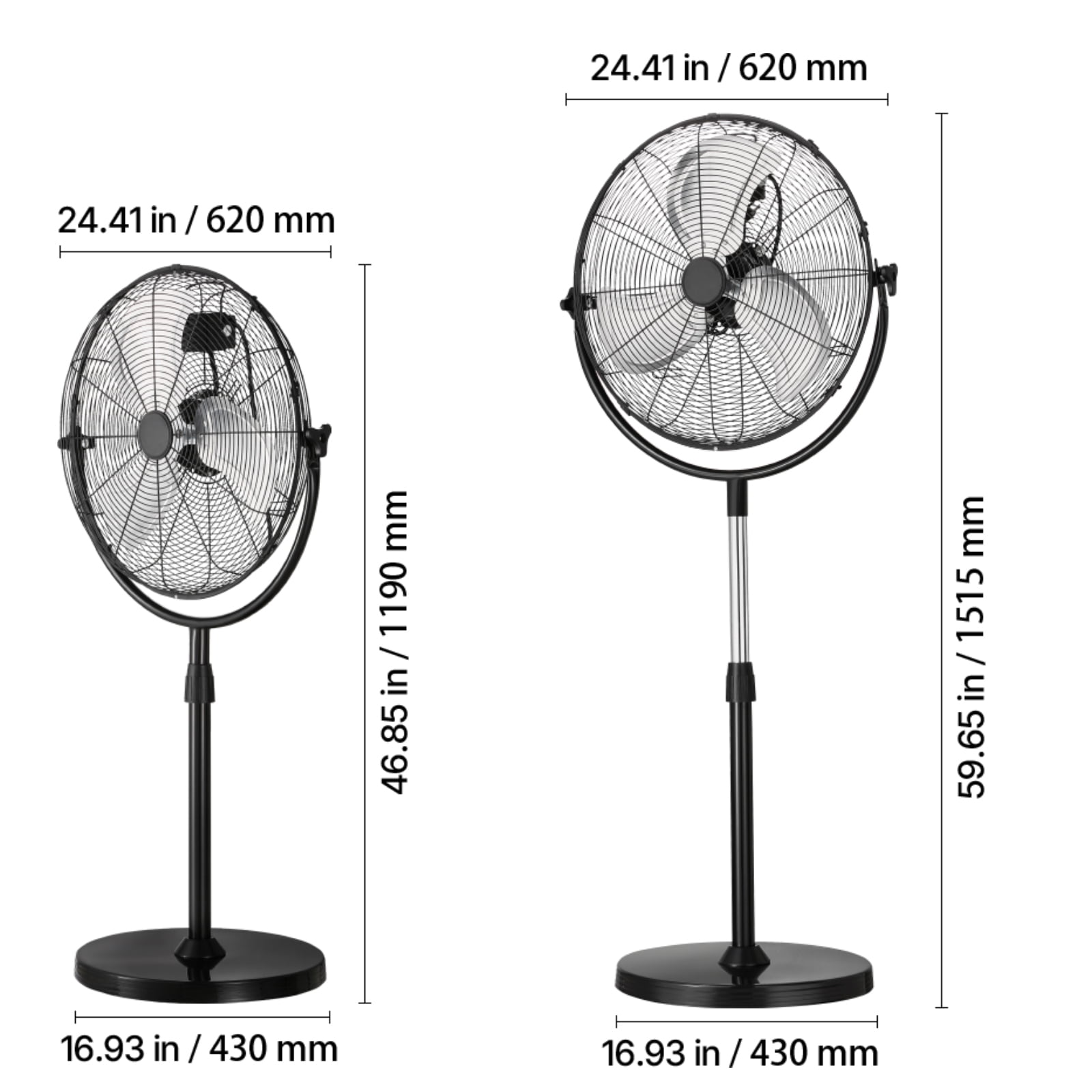 KFFKFF 20" Industrial Oscillating Standing Fan, 4500CFM High Velocity Pedestal Fan with Adjustable Height from 46.9 to 59.6 Inches, Ground Fans with 3 Speed Settings