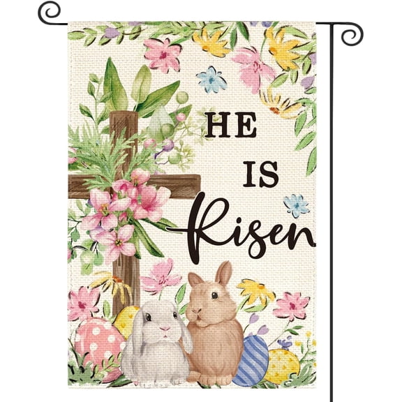 He Is Risen Easter Garden Flag 12x18 Inch Double Sided Outside, Bunnies Flowers Cross Yard Outdoor Decoration