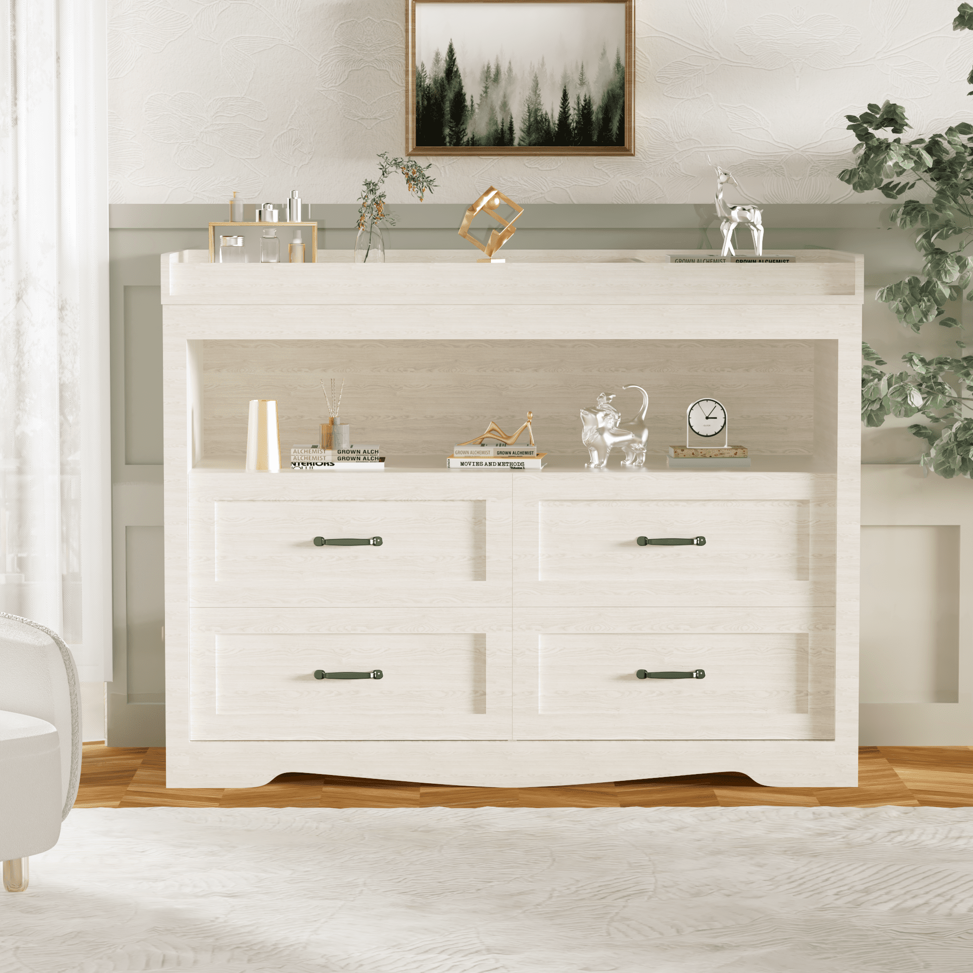 Baby Changing Table Dresser Nursery Chest with Storage-Infant & Toddler, 4 Drawers and Open Storage Space, Beige