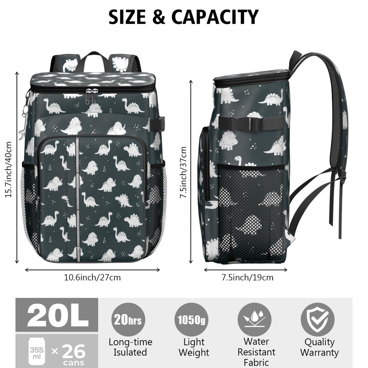 Travel Cooler Bag - Black Dinosaurs Silhouette Pattern Camping Beer Cooler Backpack with Bottle Opener- Waterproof Insulated Picnic Backpacks - Cooler Bag for Beach