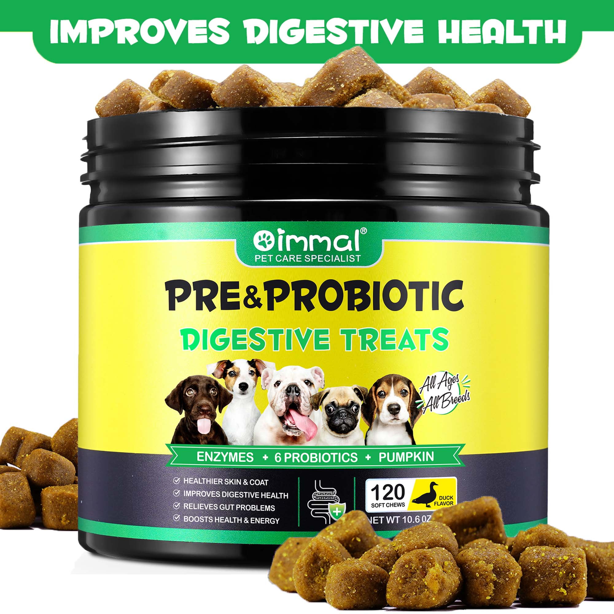 Oimmal Dog Pre and Probiotics Chews with Digestive Enzymes,for Gut