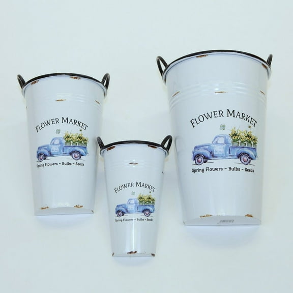 Set Of 3 White Metal With Blue Pick Up Truck 'Flower Market' Wall Planters