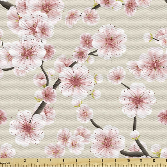 Ambesonne East Fabric by the Yard Upholstery, Flowering Cherry Blooms, 5 Yards, Beige Rose