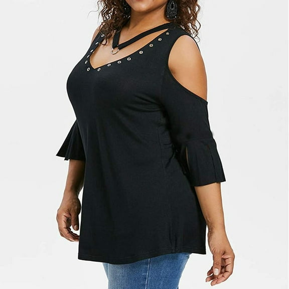 Hvyesh Women's Goth Plus Size T-Shirt Summer Cold Shoulder Short Sleeve Blouse Tops Casual V Neck Loose Fit Tunic Tops