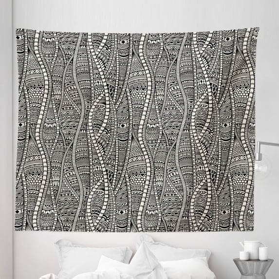 Black and White Tapestry, Rich Etnic Ornament with Motifs Zentangle Vintage, Fabric Wall Hanging Decor for Bedroom Living Room Dorm, 5 Sizes, Black White, by Ambesonne