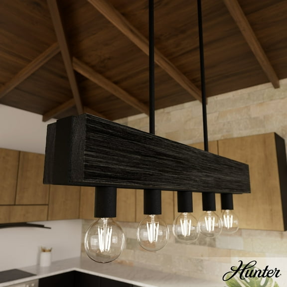 Hunter - Donelson 5-light Natural Black Iron, Large Chandelier, Dimmable, Transitional Style, Linear Shaped, for Bedrooms, Dining, Living Rooms - 13055