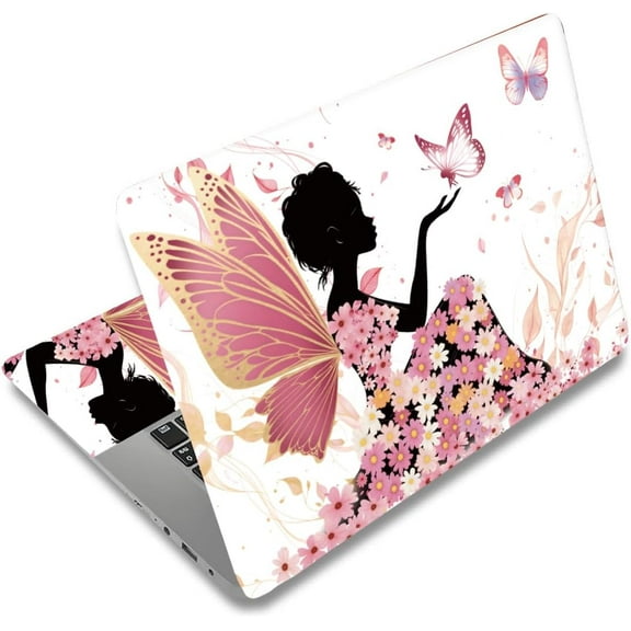 Butterfly Girl Laptop Skin Decal Flowers Universal Laptops Skin Sticker Notebook Protector 12 13 13.3 14 15 15.4 15.6 Inches Vinyl Cover Removable Waterproof Personalized Art Decal