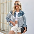 thumbnail image 6 of Women Cropped Denim Jacket Fringe Oversized Long Sleeve Womens Jean Shacket Coat with Tassel Fall Outwear Blue XL, 6 of 9